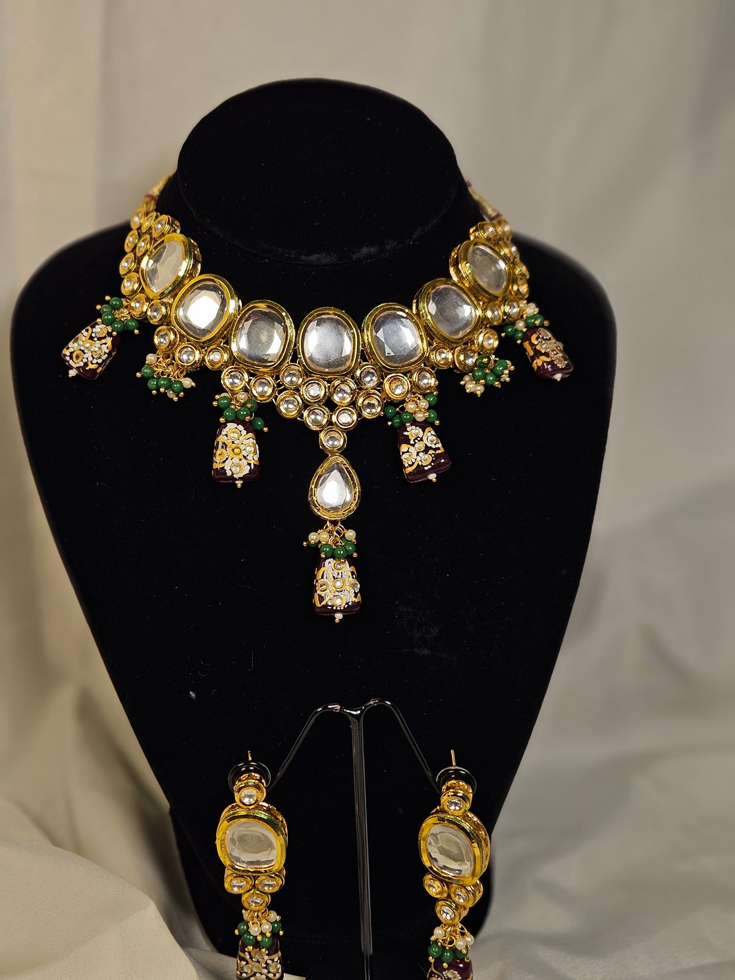 Kundan Polki Green & Mehroon Necklace Set