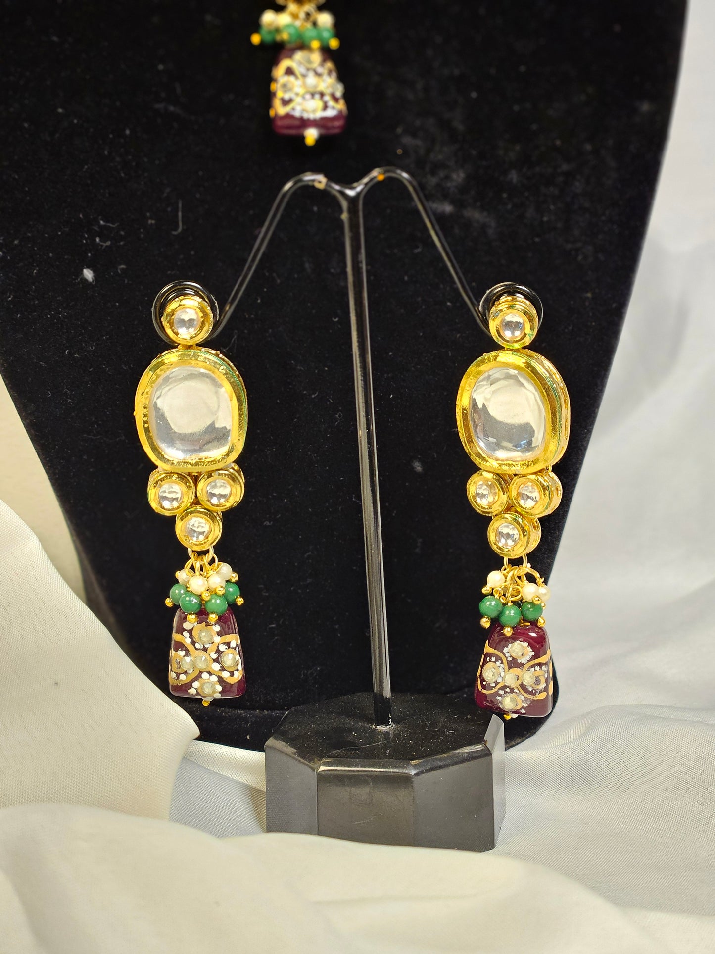Kundan Polki Green & Mehroon Necklace Set