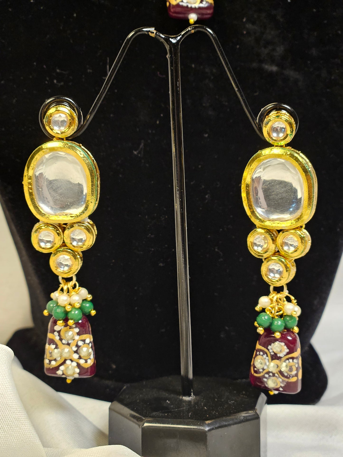 Kundan Polki Green & Mehroon Necklace Set