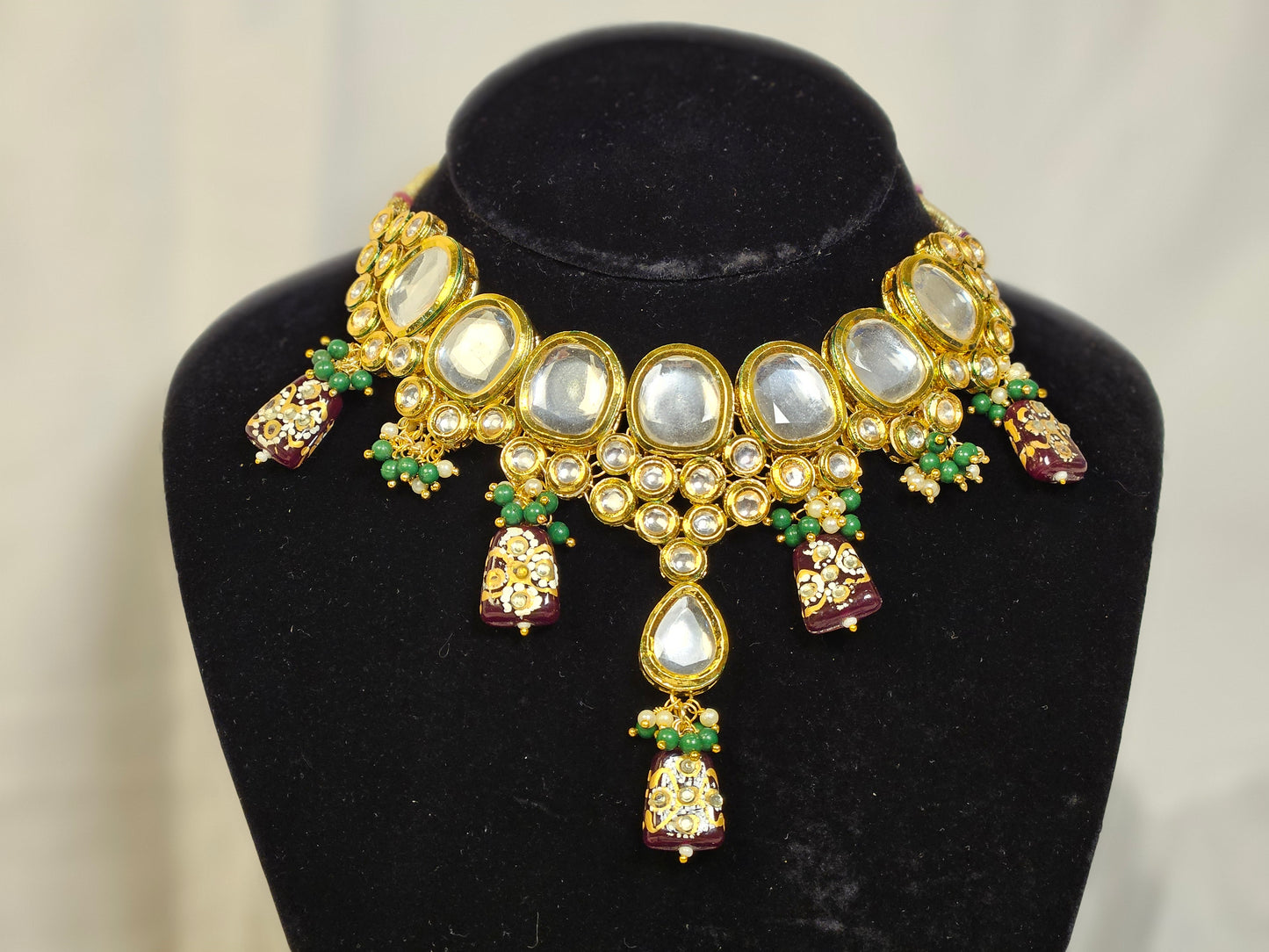 Kundan Polki Green & Mehroon Necklace Set