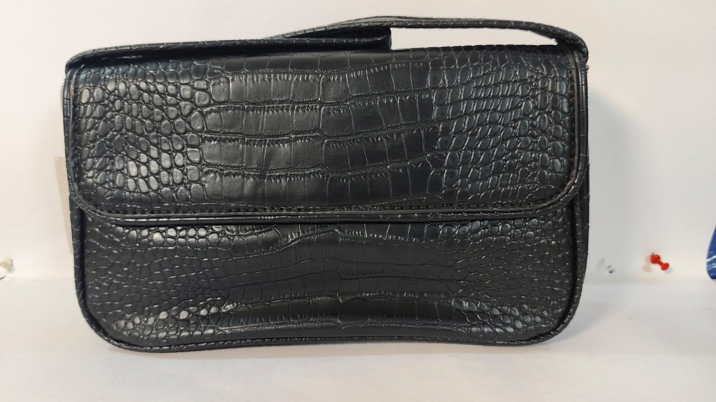 Black leather hand purse with a stylish crocodile texture