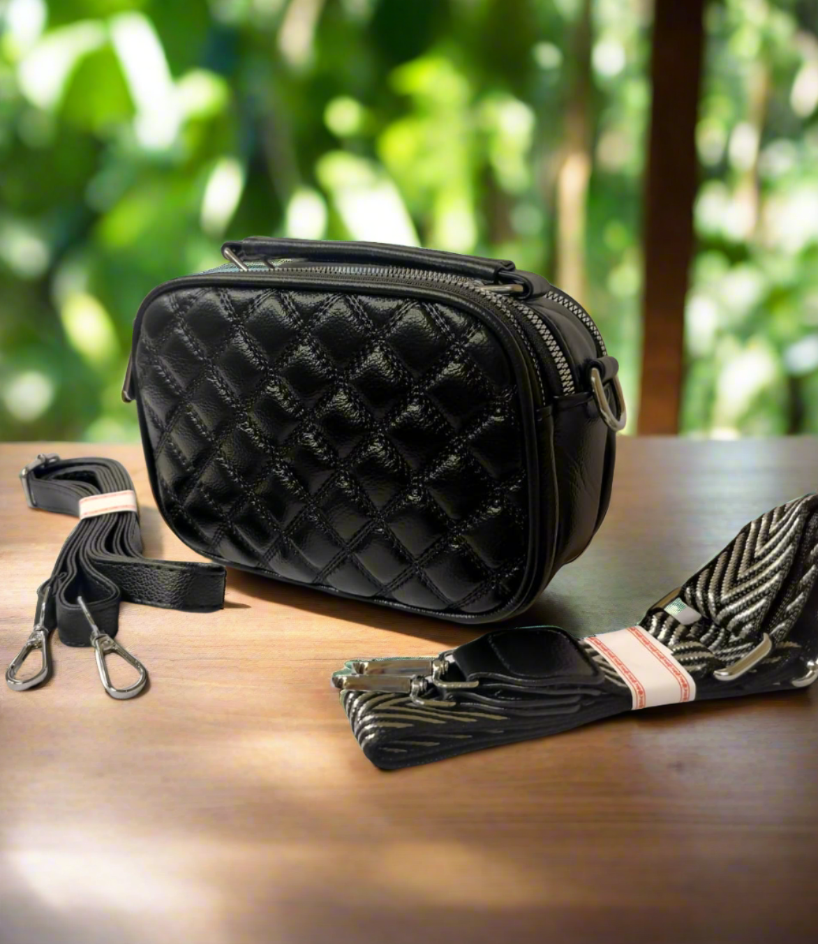Wincham Fashion House designer black purse for women with quilted pattern and detachable straps