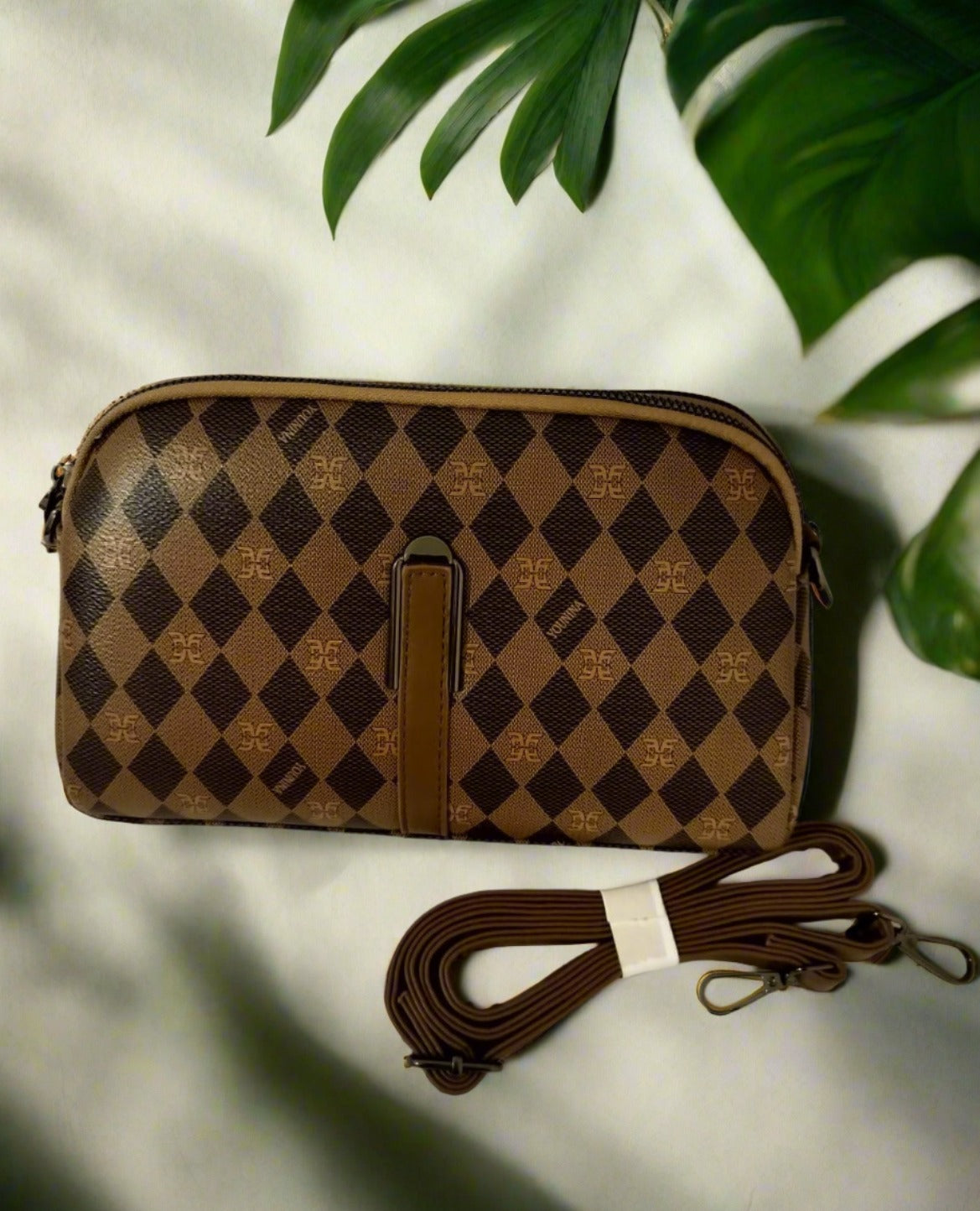 Rust brown handbag for women with checkered pattern and detachable strap from My Store