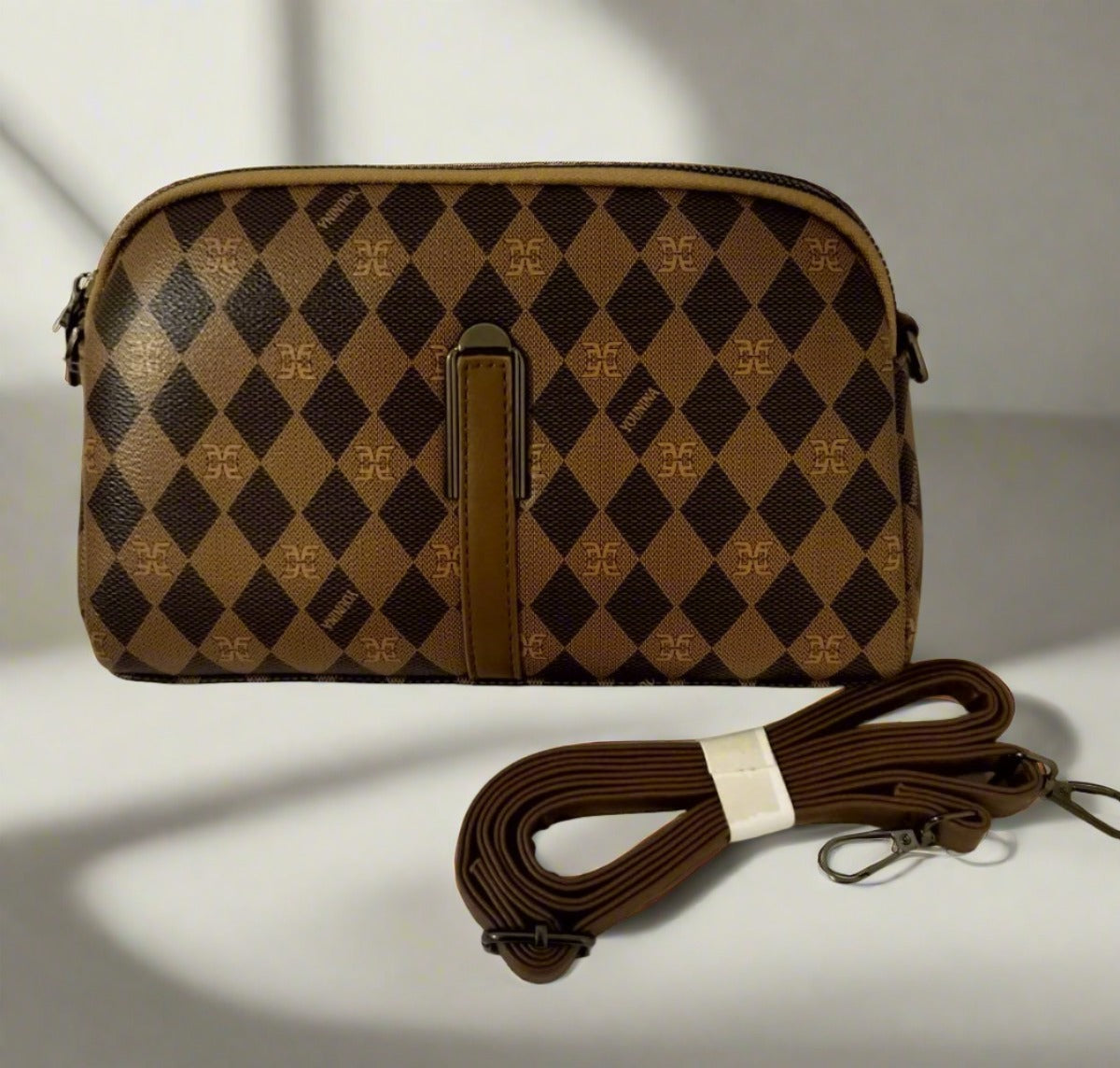 Rust brown handbag for women with geometric pattern and detachable strap from My Store