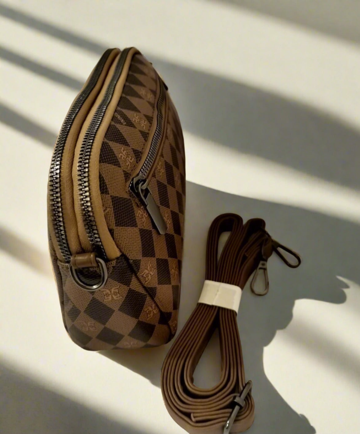 Rust brown handbag for women with checkered pattern and detachable strap from store