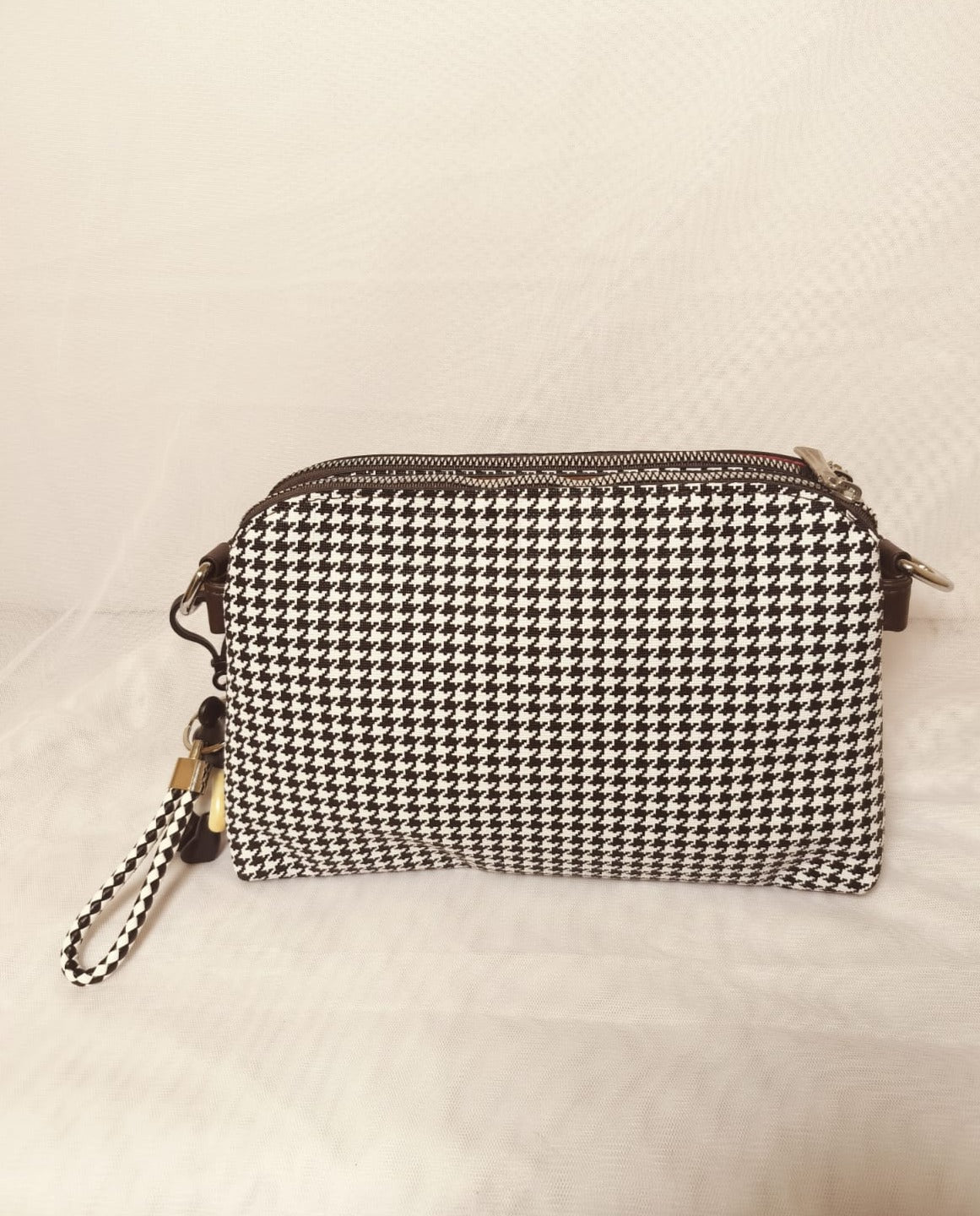 Small designer evening bag check pattern clutch with wrist strap and zipper closure