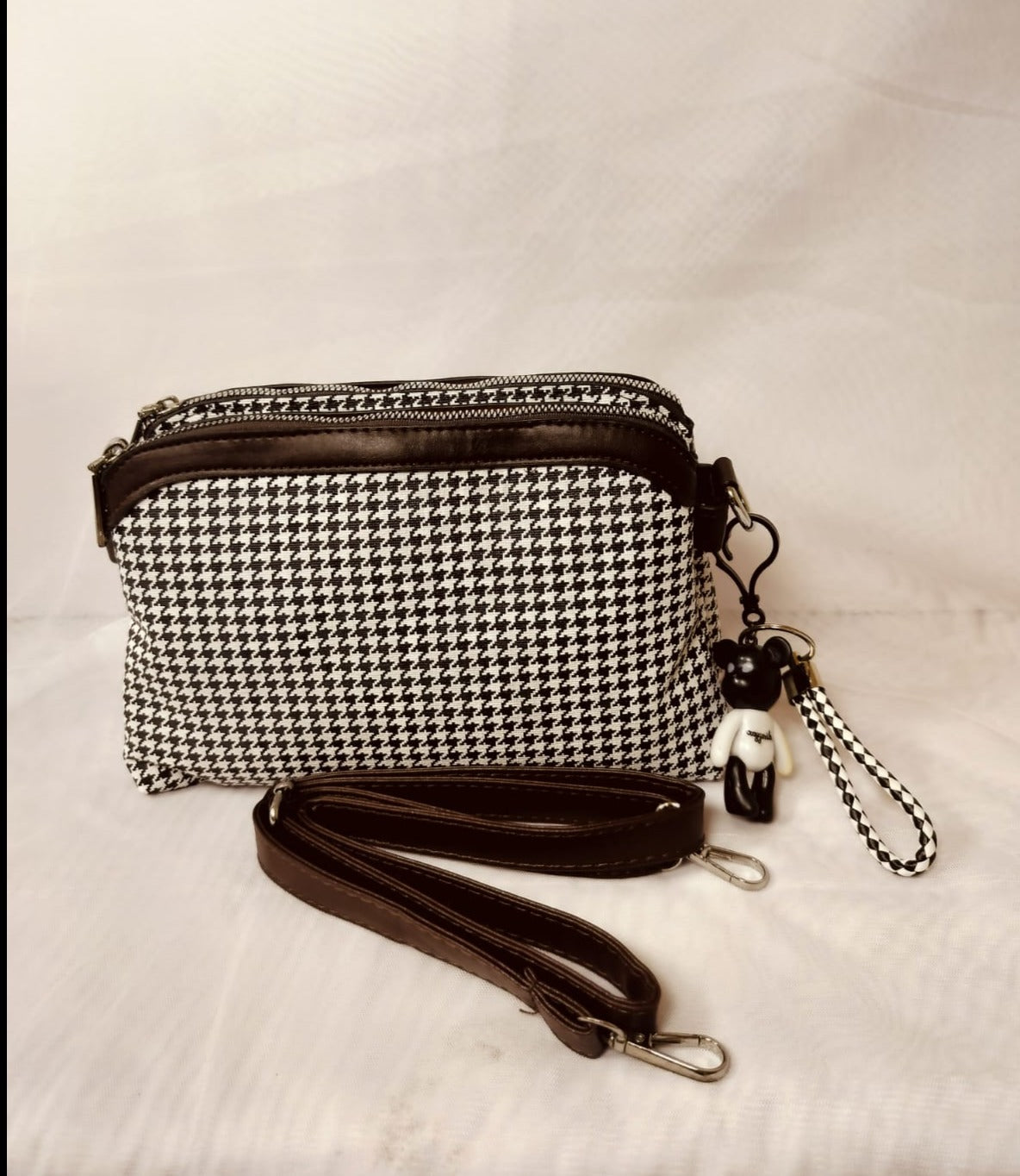 Small designer evening bag check pattern with black accents and detachable strap from My Store