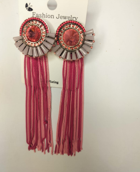 Fashion jewelry pink stone earrings with circular design and long pink tassels