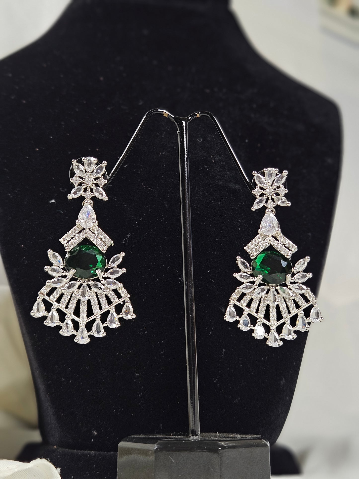 Wincham Fashion House Green AD stone necklace and earring set with silver intricate design