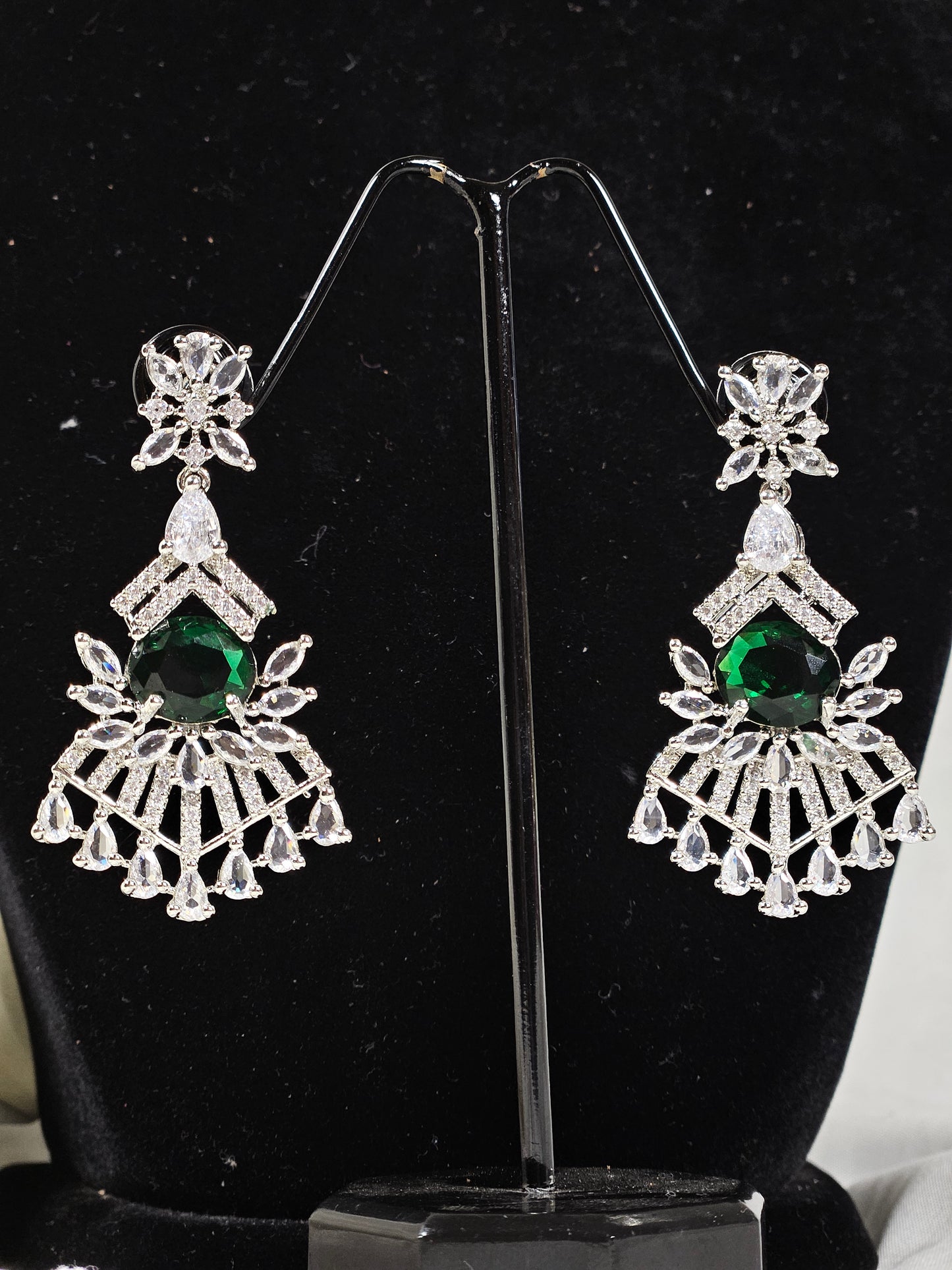 Wincham Fashion House Green AD stone necklace and earring set with intricate silver design and emerald green stones
