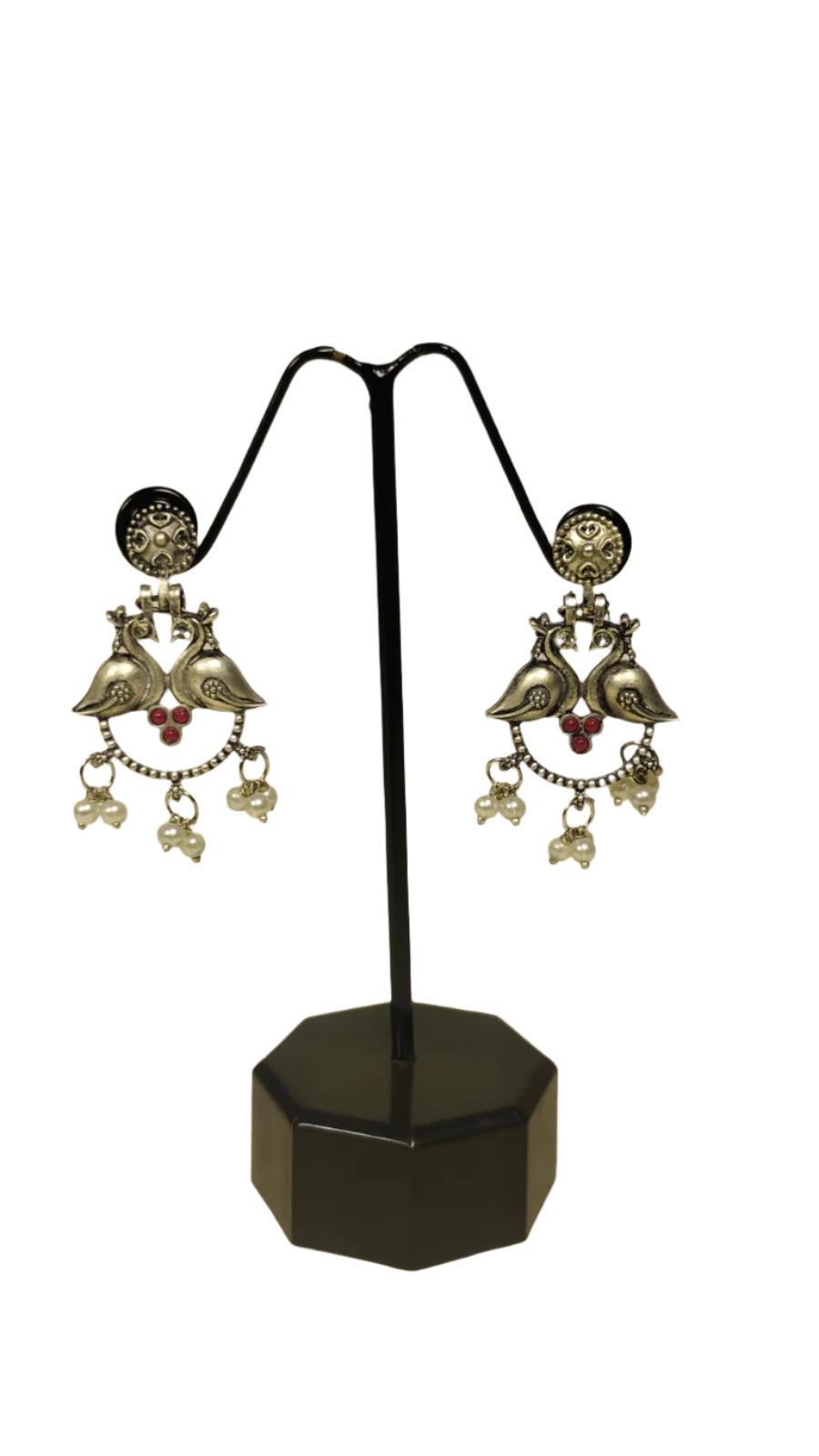 Green indo-western earrings alloy silver featuring intricate bird design with hanging pearl beads