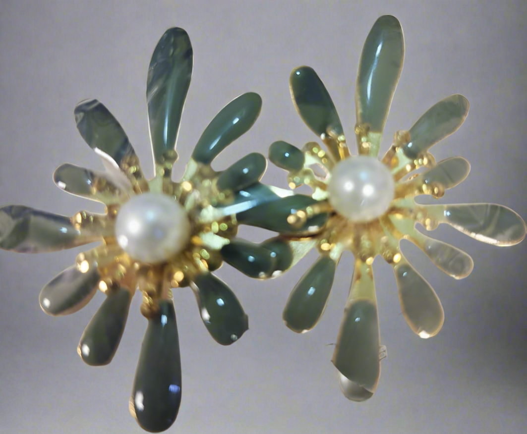 Korean flower earrings with gold petals and pearl centers from My Store