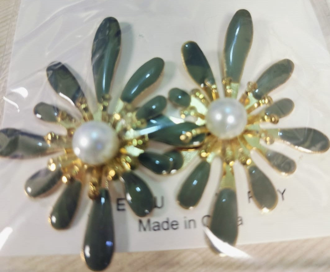 Korean flower earrings with green petals and pearl center by My Store made in China