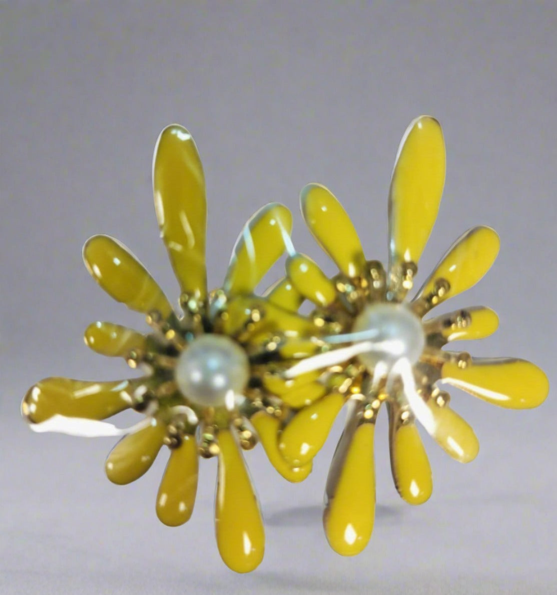 Yellow Korean flower earrings with pearl centers and gold accents from My Store
