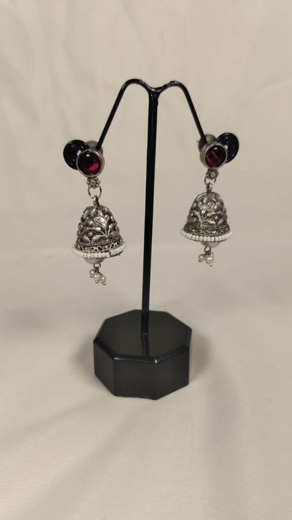 My Store Kundan red jhumki earrings with intricate silver design and red gemstone studs