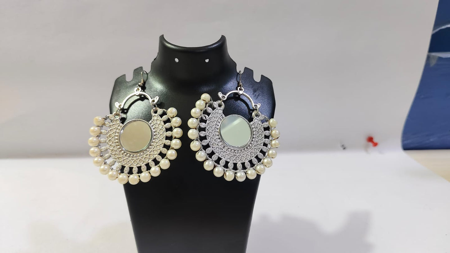 Mirror chand bali earrings with intricate design and pearl embellishments