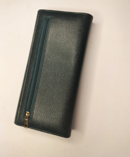 Olive green leather wallet with zipper pocket and textured finish from My Store