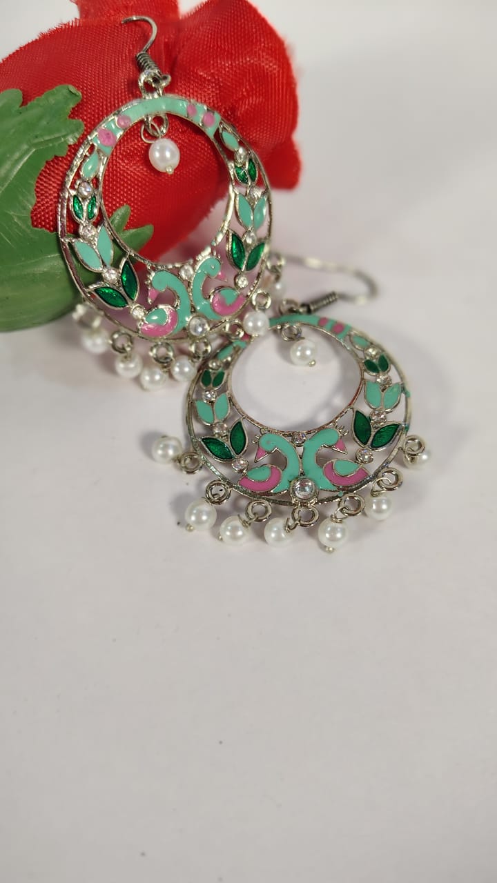 Wincham Fashion House party wear meenakari dangler earrings with green and pink enamel and pearl accents