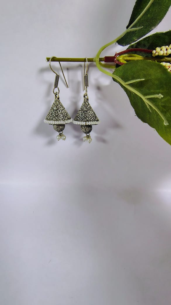 Wincham Fashion House silver jhumki earrings with pearls featuring intricate designs and pearl drops