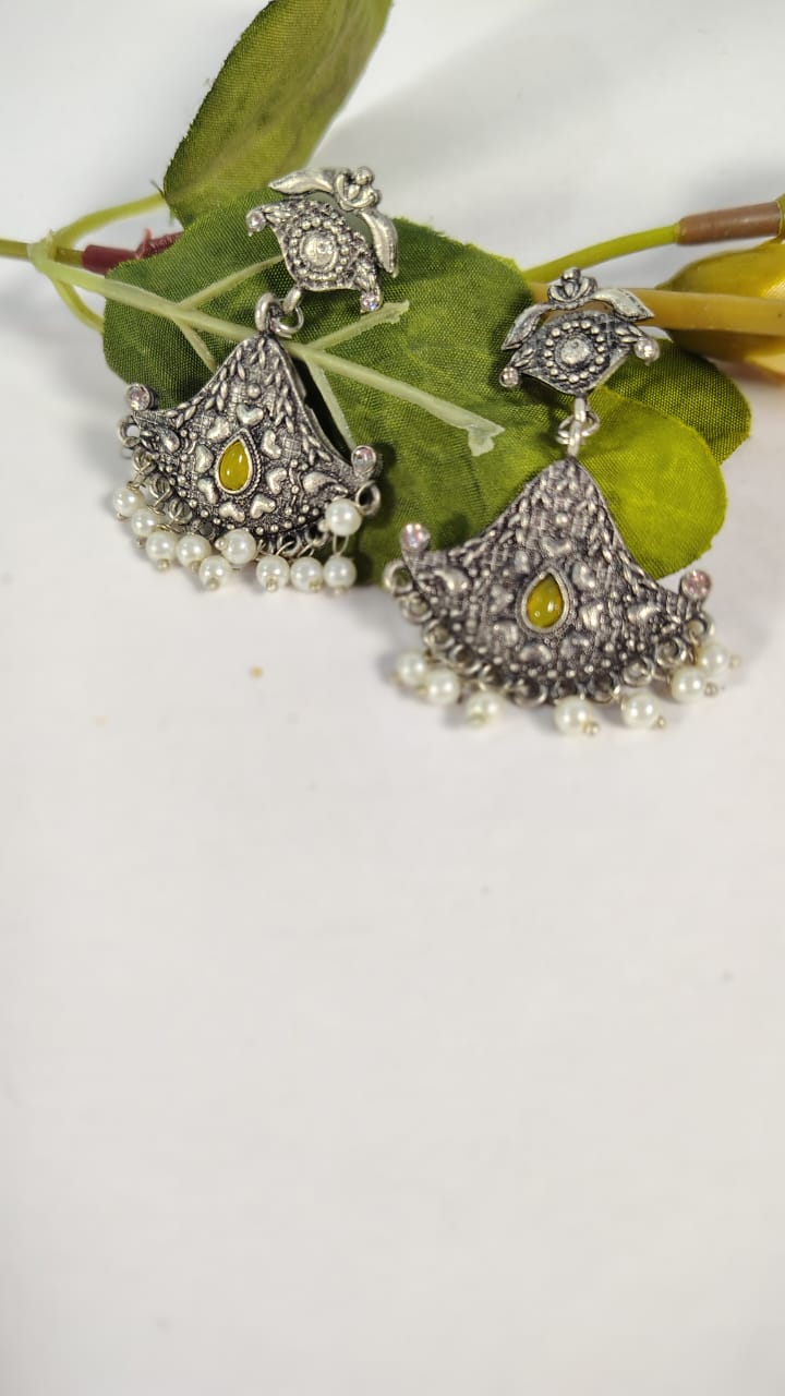 Wincham Fashion House silver pearl drop hanging earrings with intricate floral design and yellow stone accents