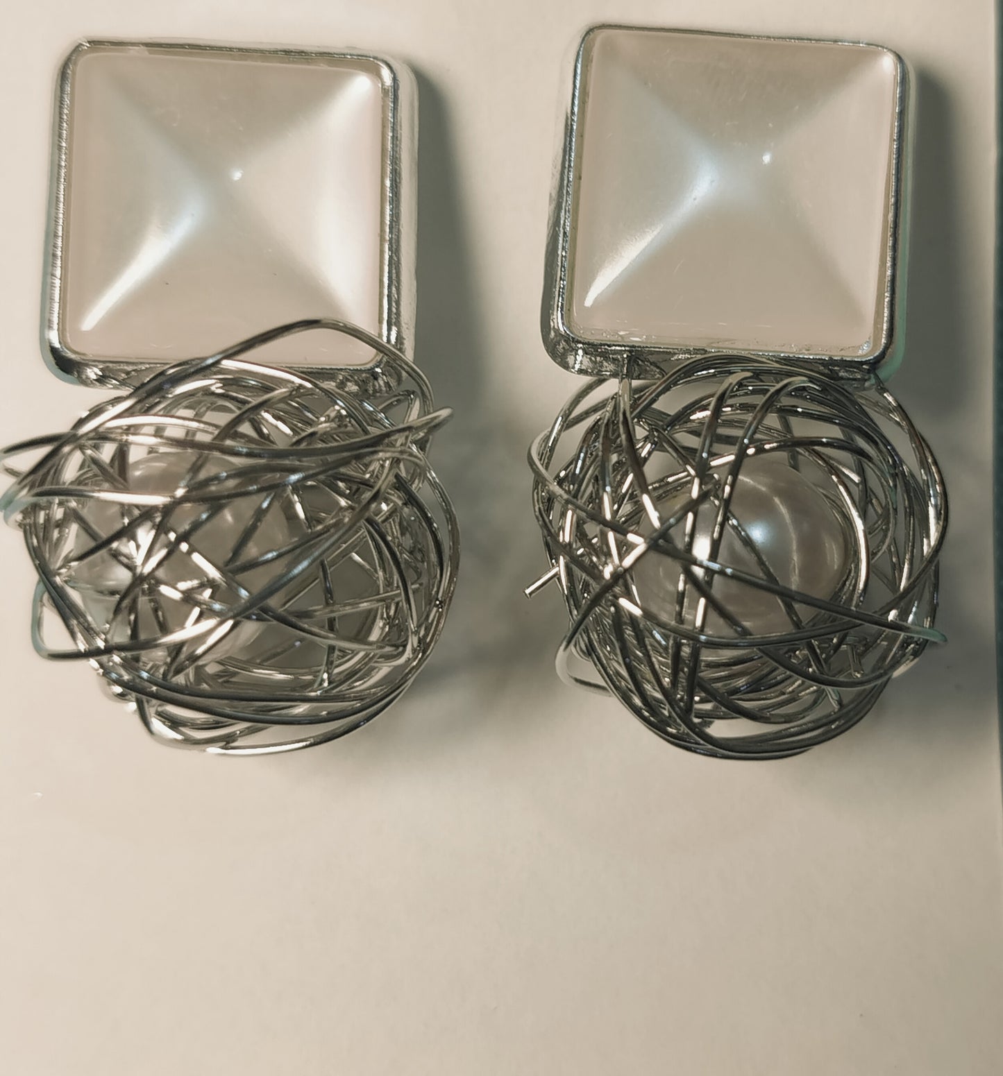 Wincham Fashion House silver pearl Korean earrings with geometric square and wire nest design