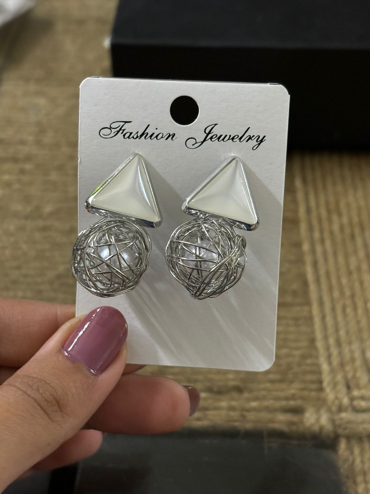 Wincham Fashion House silver pearl Korean earrings with geometric triangle and wire ball design