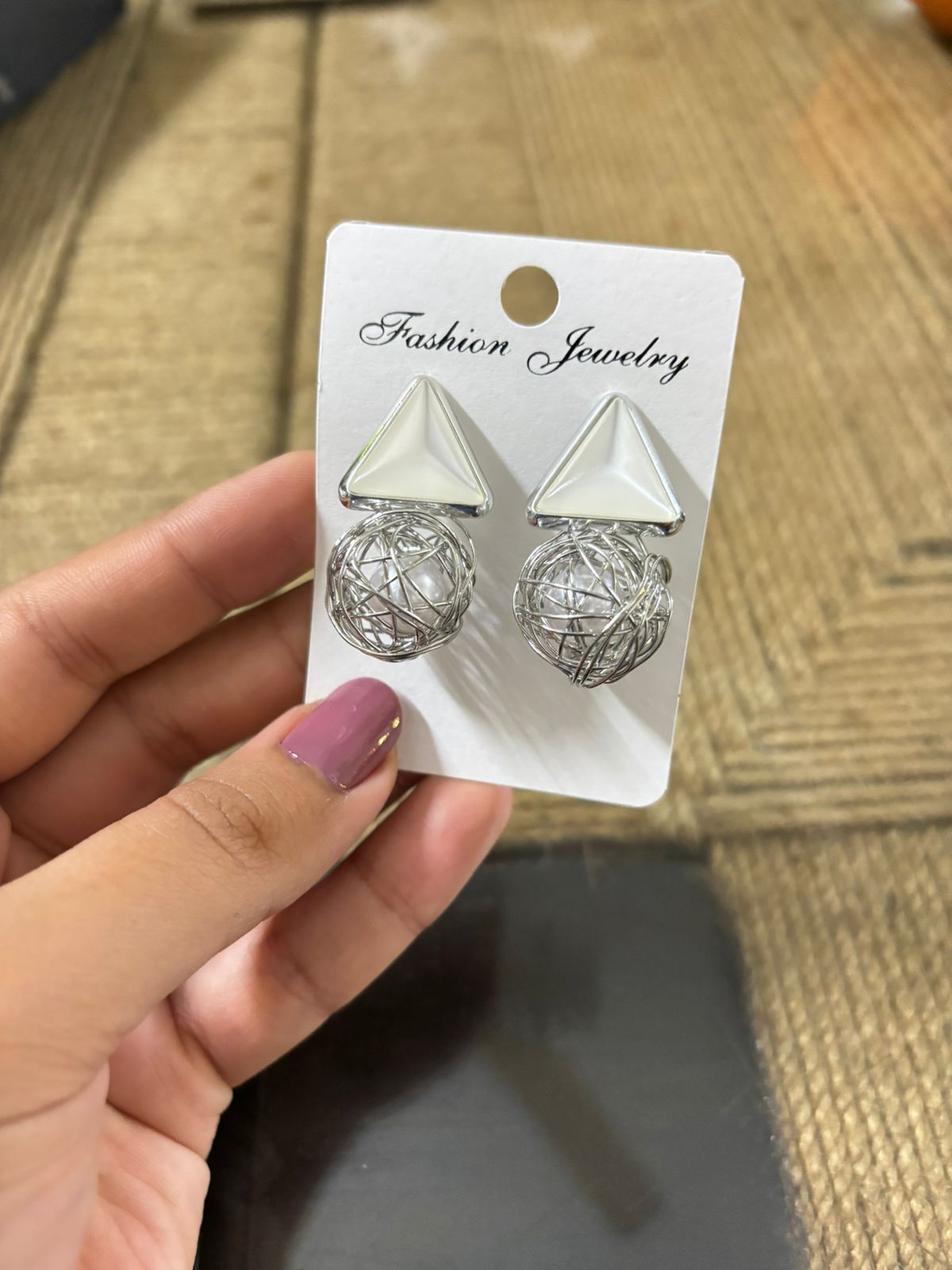 Silver pearl Korean earrings with geometric triangle and wire ball design by Wincham Fashion House