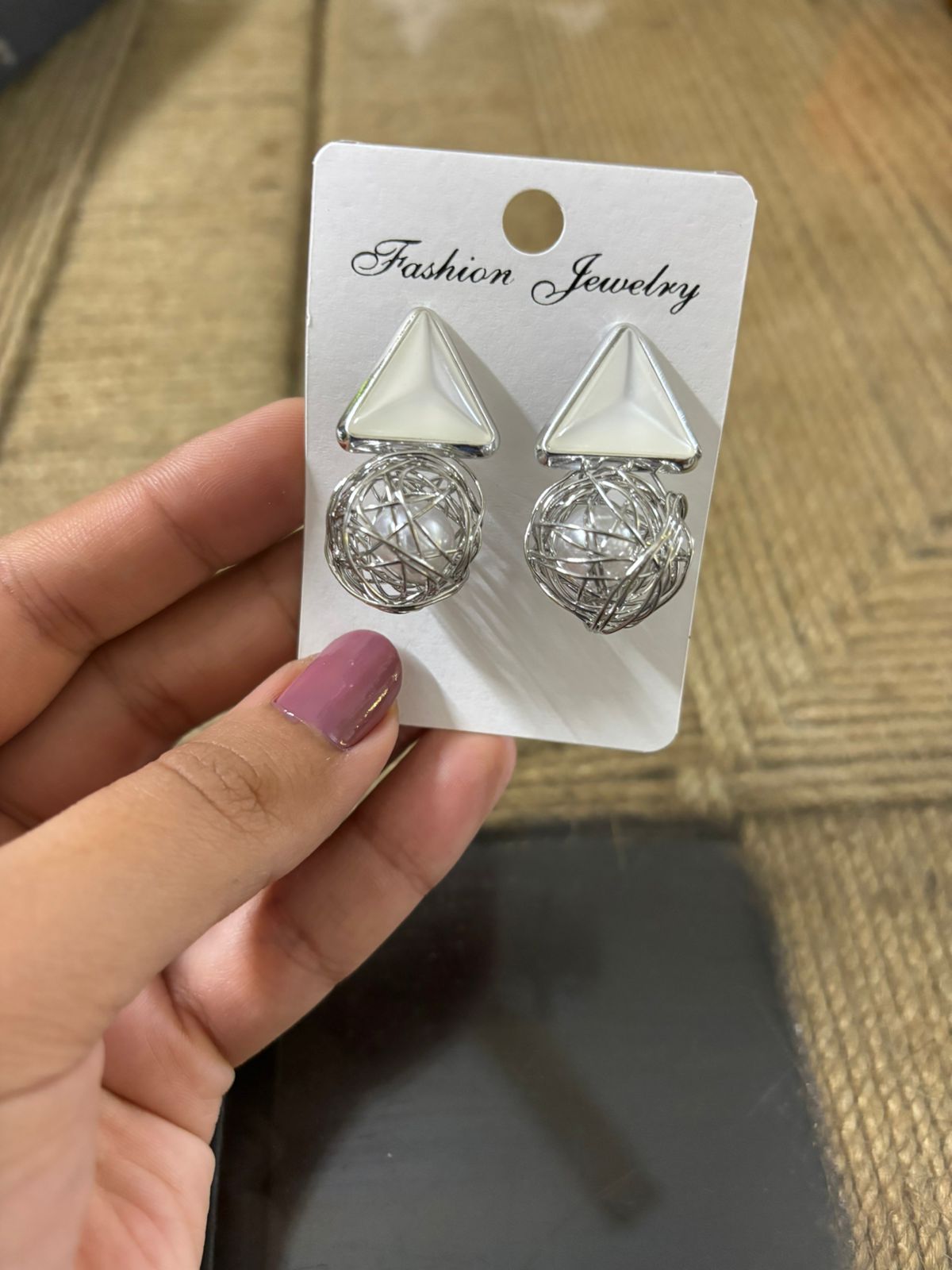 Wincham Fashion House silver pearl Korean earrings with triangular tops and intricate wire ball design