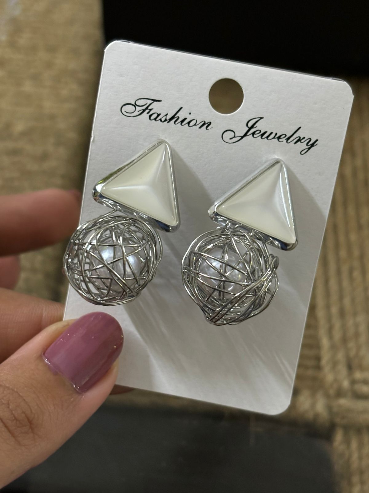 Wincham Fashion House silver pearl Korean earrings with triangular top and wire ball design