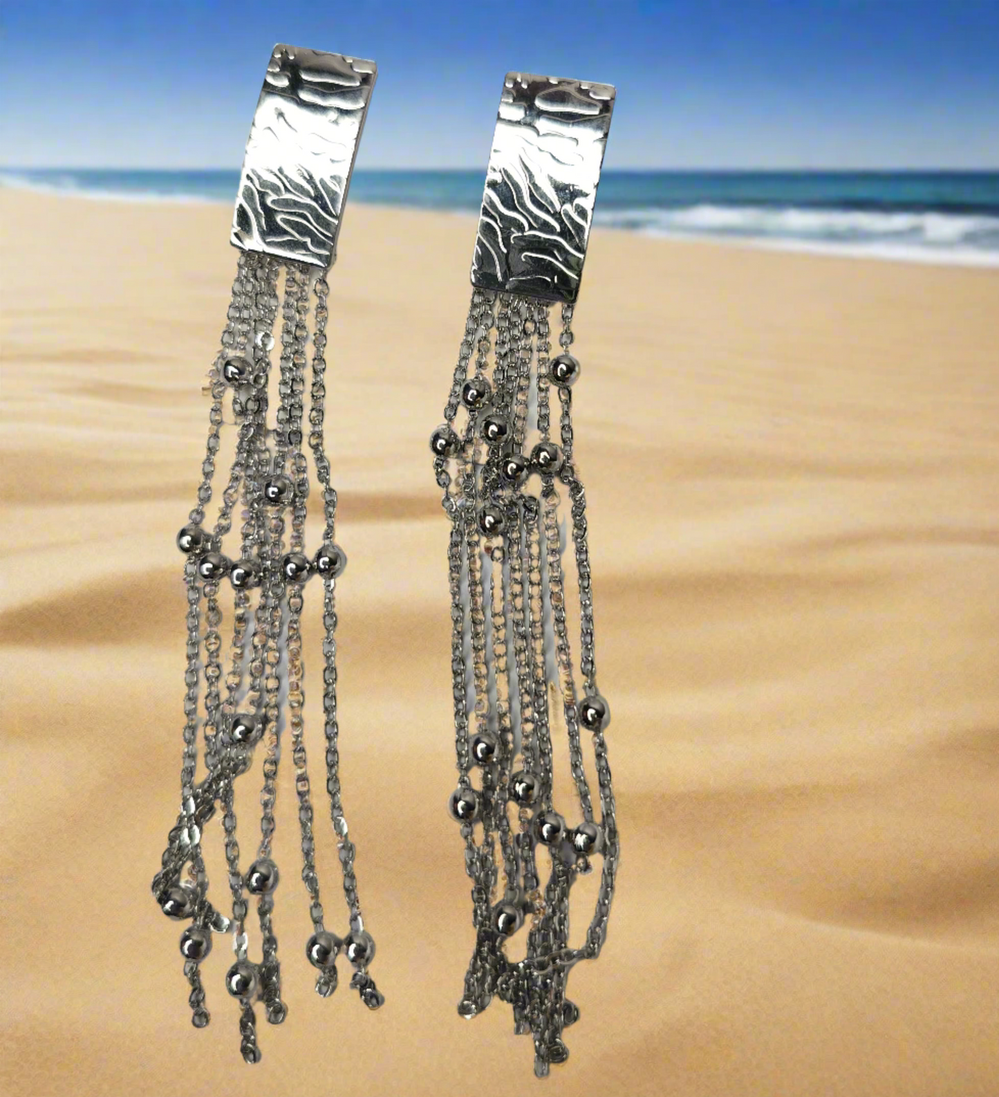 Wincham Fashion House stylish silver earrings for women with chain tassels and bead accents