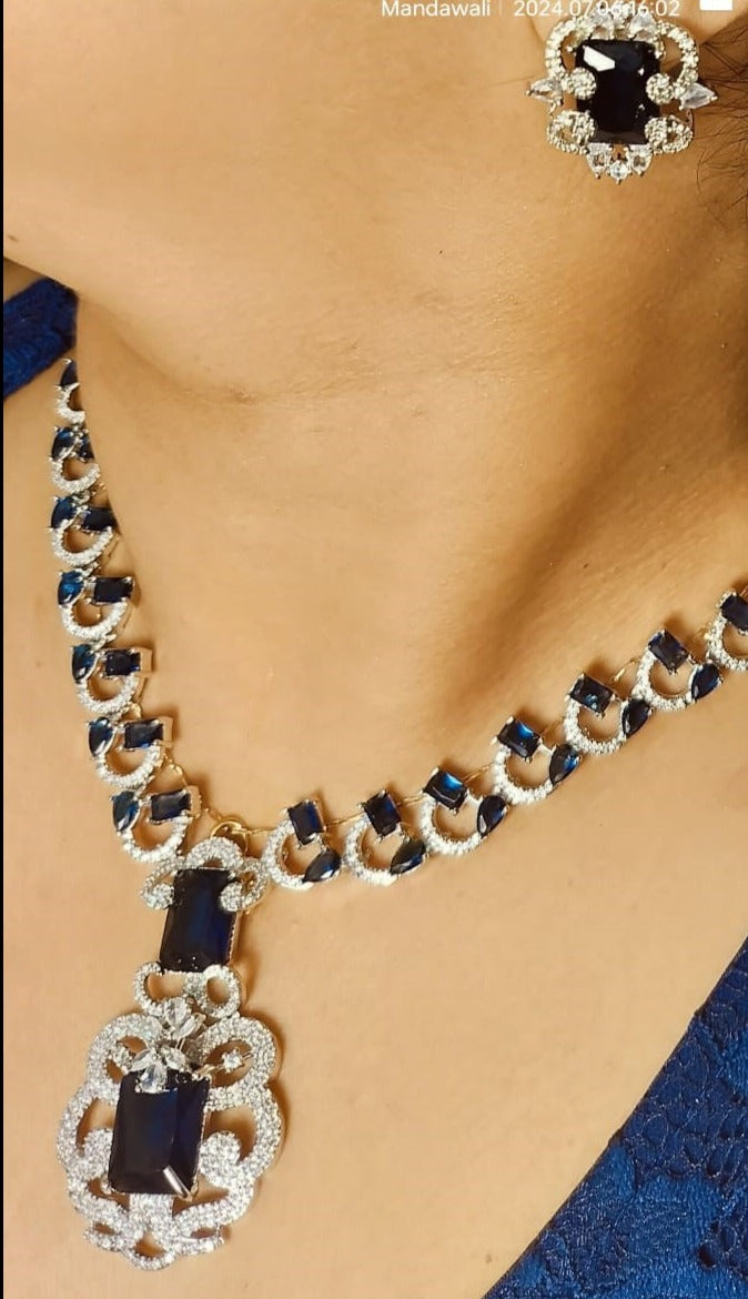 Elite royal blue design necklace set for weddings with blue gemstones and intricate silver detailing