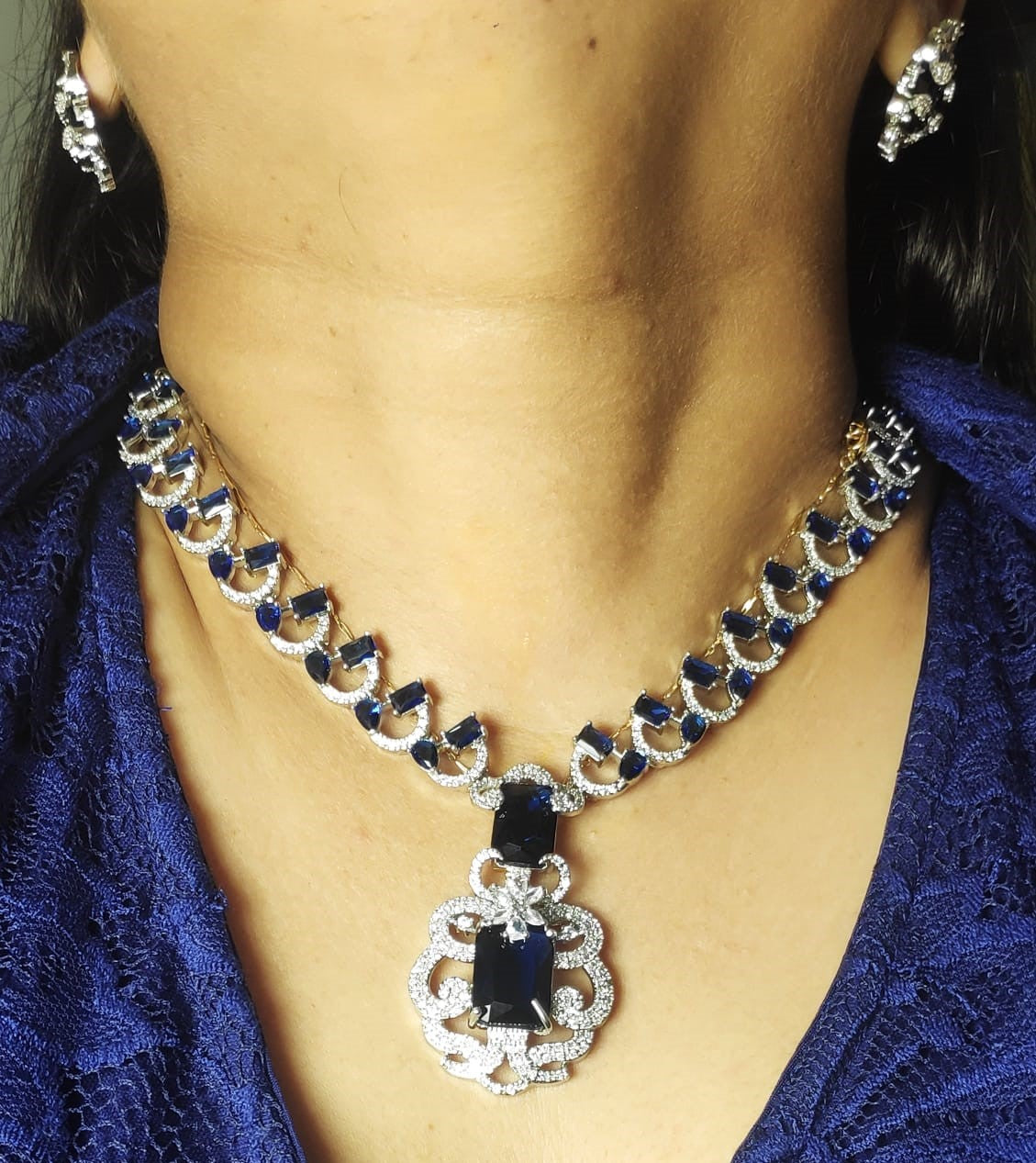 Elite royal blue design necklace set for weddings with matching earrings by Wincham Fashion House