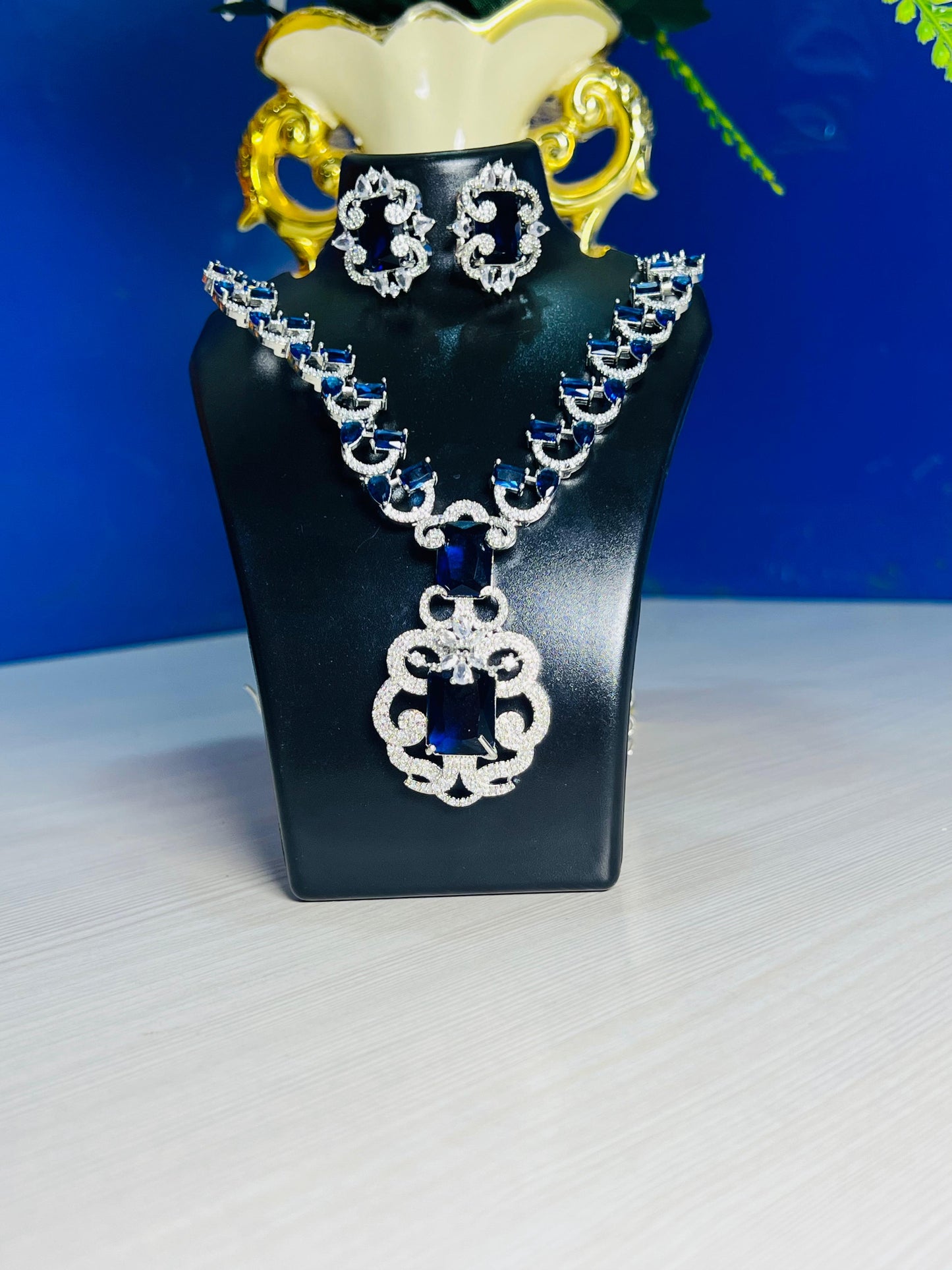 Wincham Fashion House elite royal blue design necklace set for weddings with matching earrings