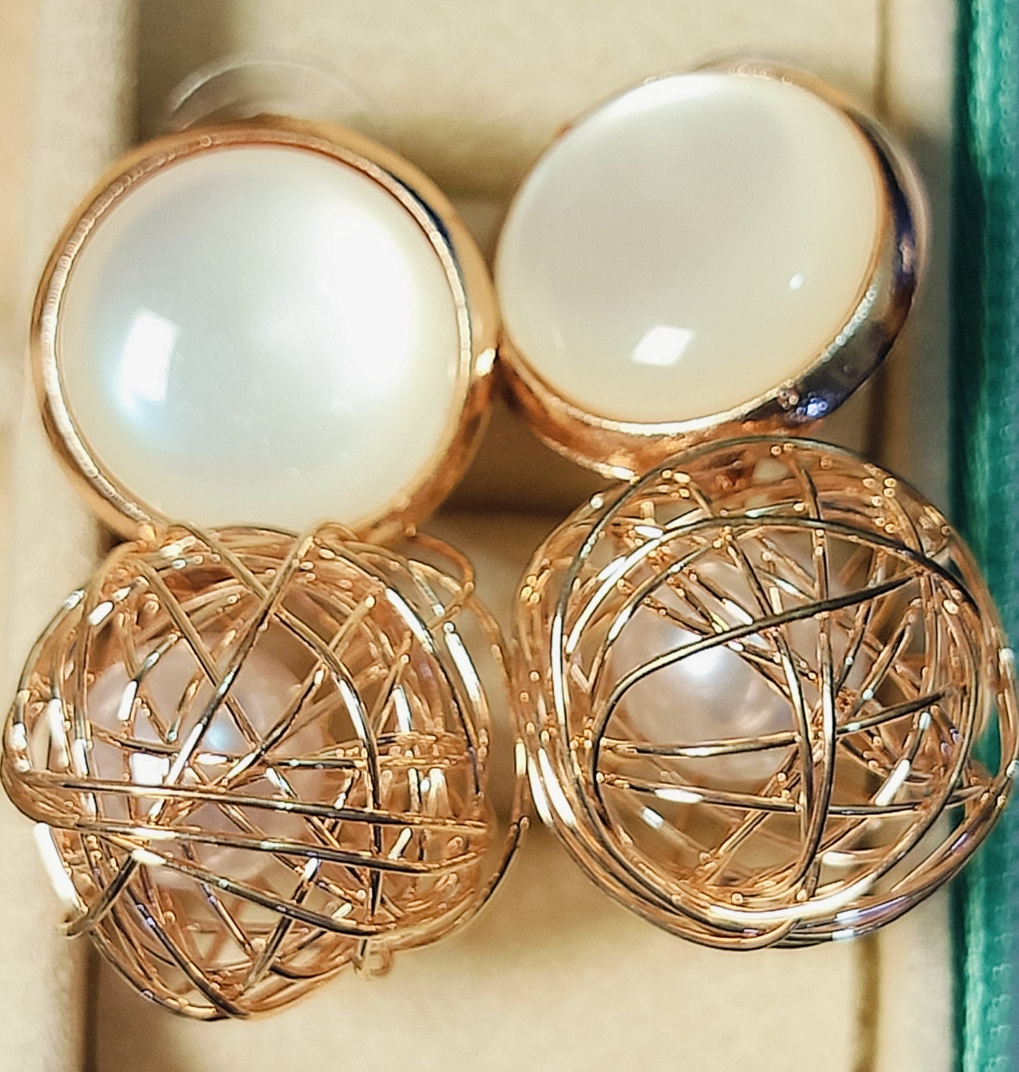 Wincham Fashion House Korean pearl gold earrings with intricate wire design and large pearl centerpiece