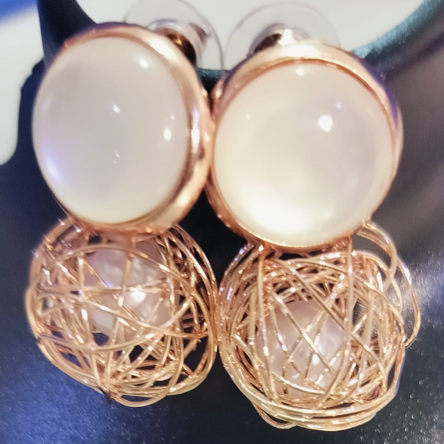 Wincham Fashion House Korean pearl gold earrings with round white pearls and intricate gold wire design