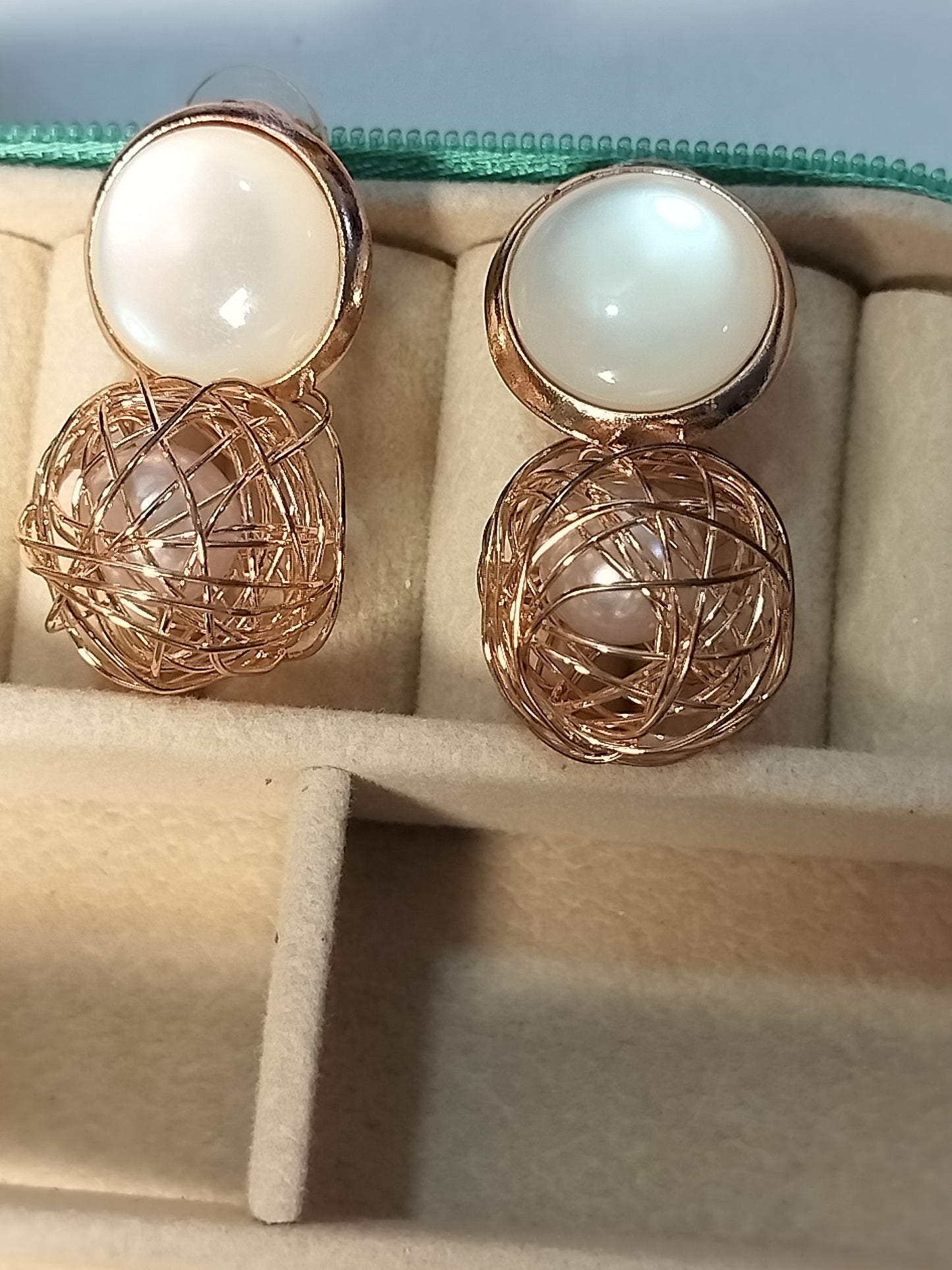 Wincham Fashion House Korean pearl gold earrings with round pearls and intricate wire design