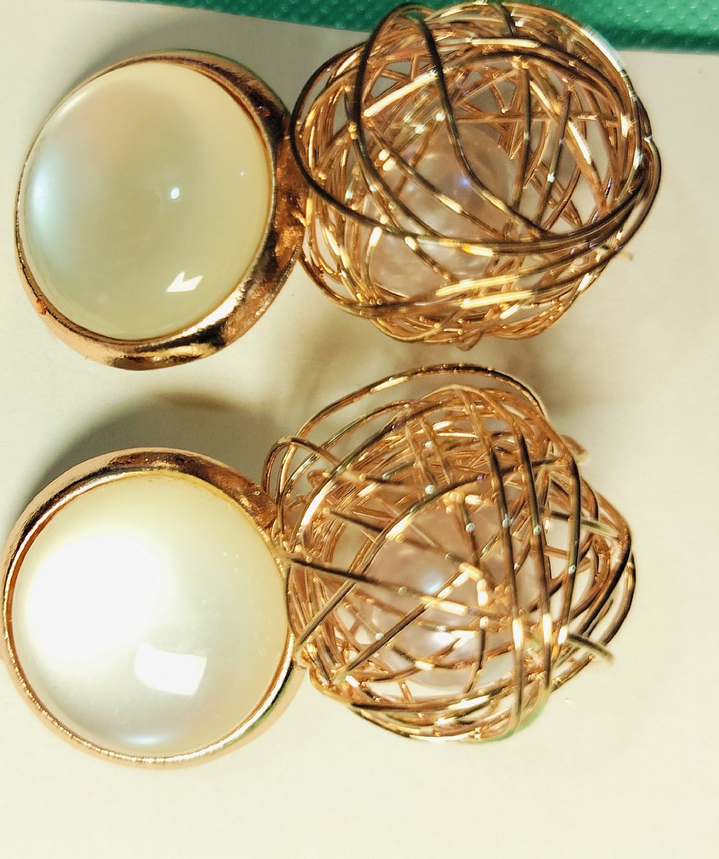 Wincham Fashion House Korean pearl gold earrings featuring gold wire cage design and pearl accents