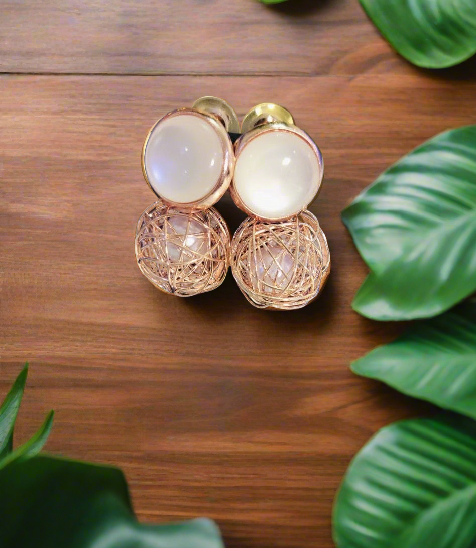 Wincham Fashion House Korean pearl gold earrings with round pearl and intricate gold wire design
