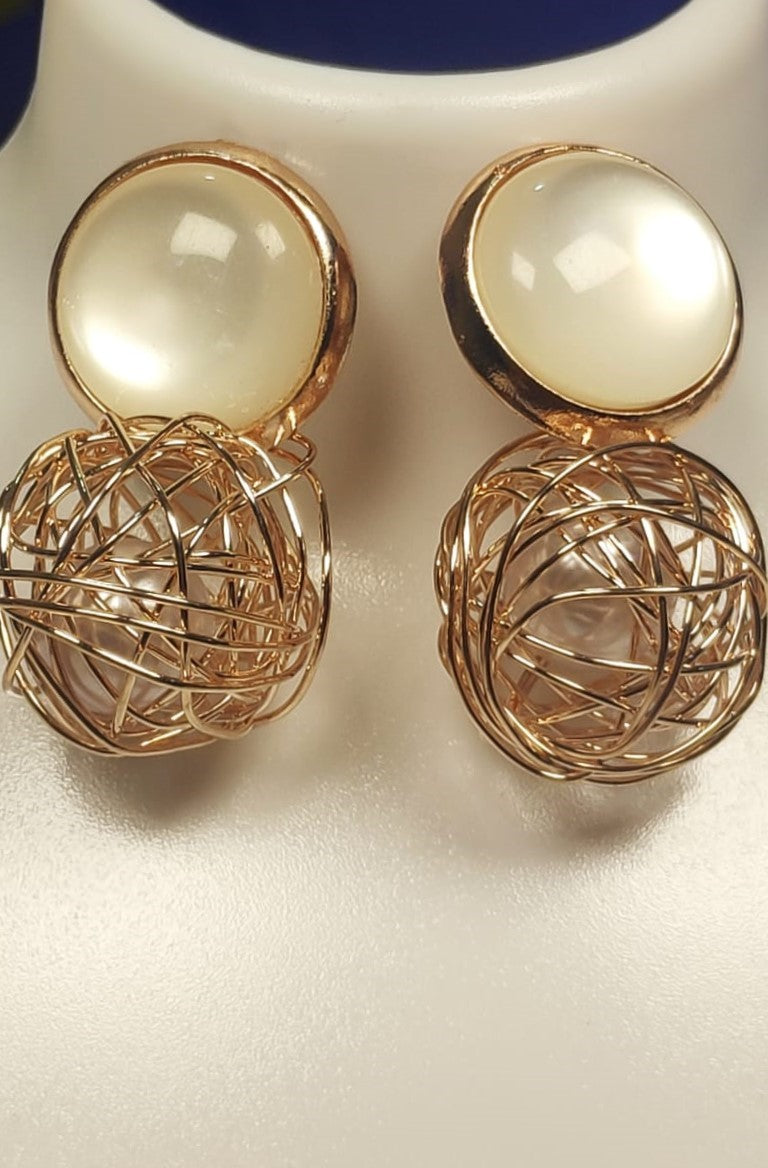 Wincham Fashion House Korean pearl gold earrings with intricate wire design and large pearl embellishment