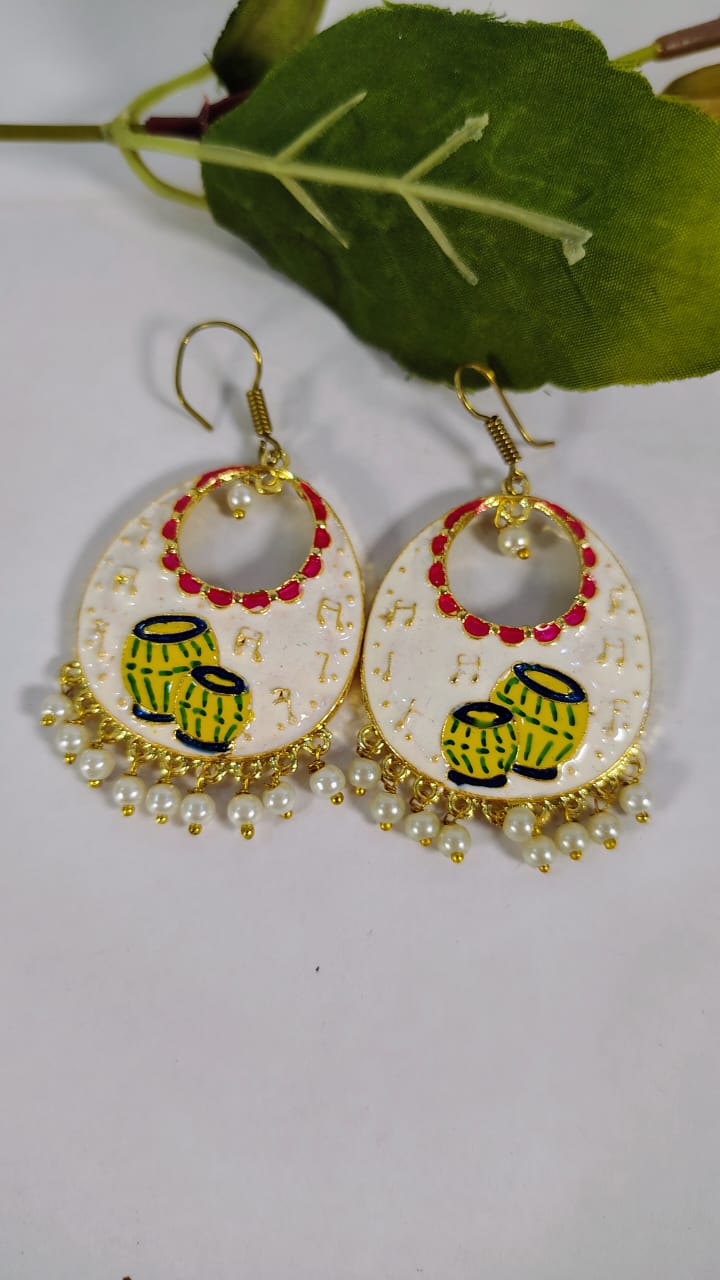 Wincham Fashion House traditional Indian hanging hoops earrings with white base and pearl detailing