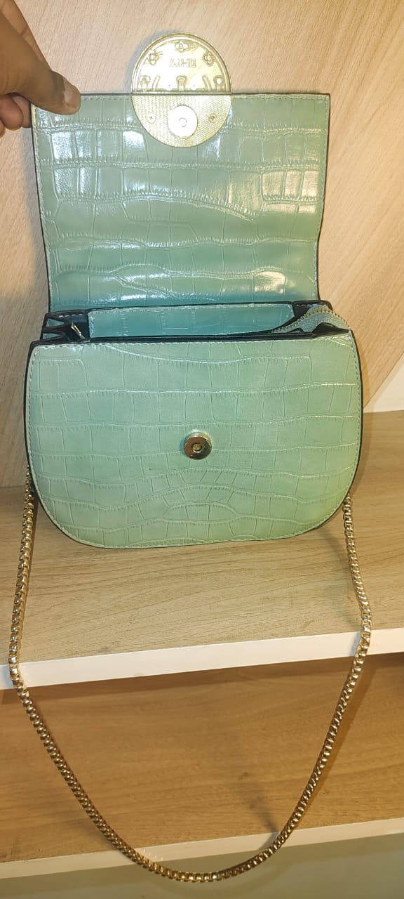 Light green bag with gold chain strap open showing inside compartments suitable for white party sling purse style