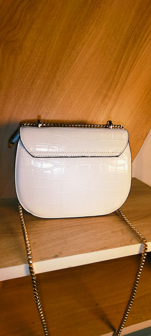 White party sling purse with crocodile texture and gold chain strap from My Store