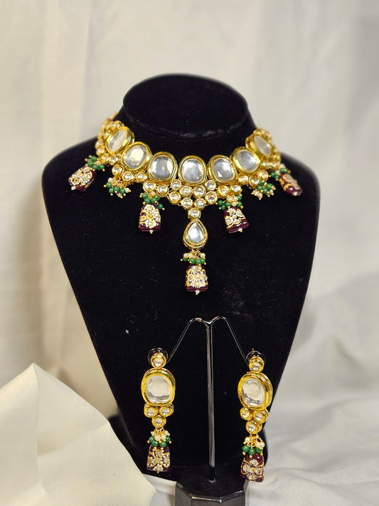 Kundan Polki Green &amp; Mehroon Necklace Set