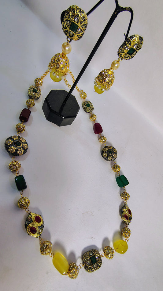 Kundan polki beads long Mala set with earrings