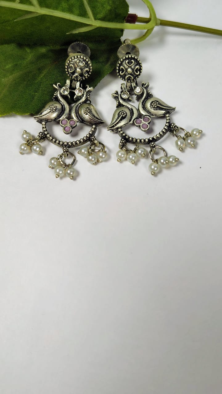 Green Indo-Western Earrings Alloy Silver 2birds