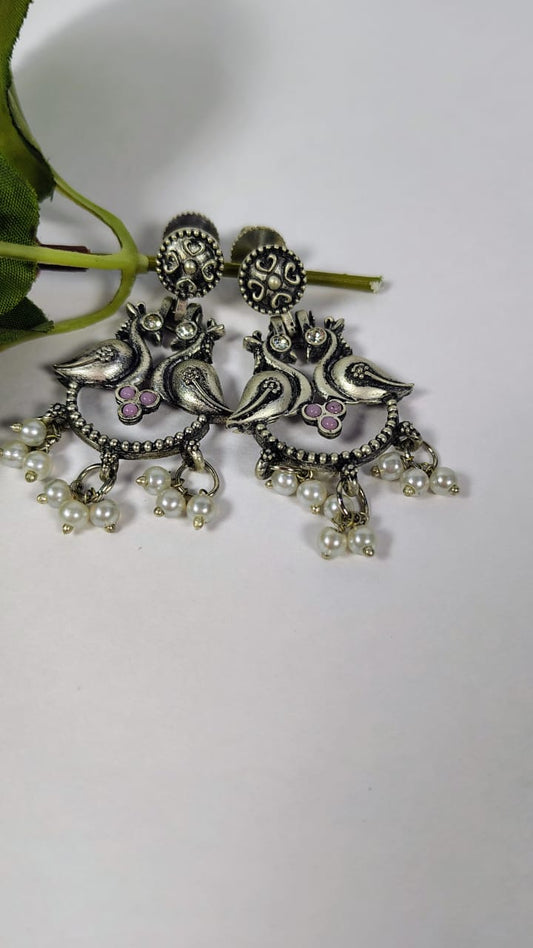 Green Indo-Western Earrings Alloy Silver 2birds