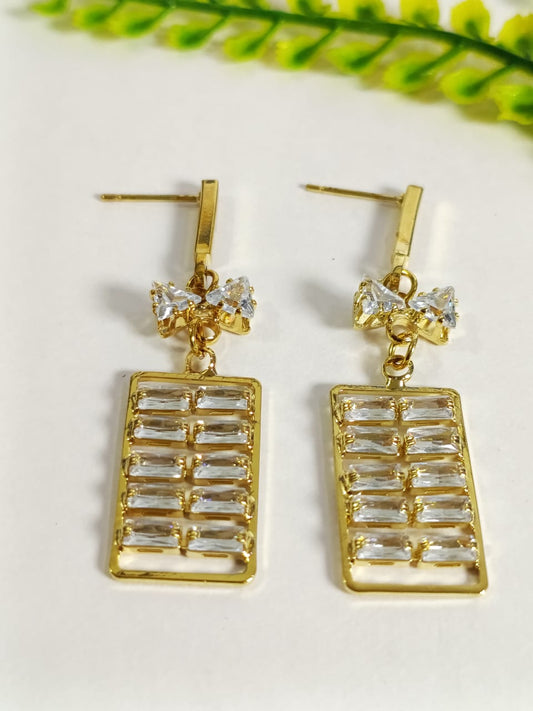 Wincham Fashion House Ad drop earrings with rectangular gold design and sparkling crystals