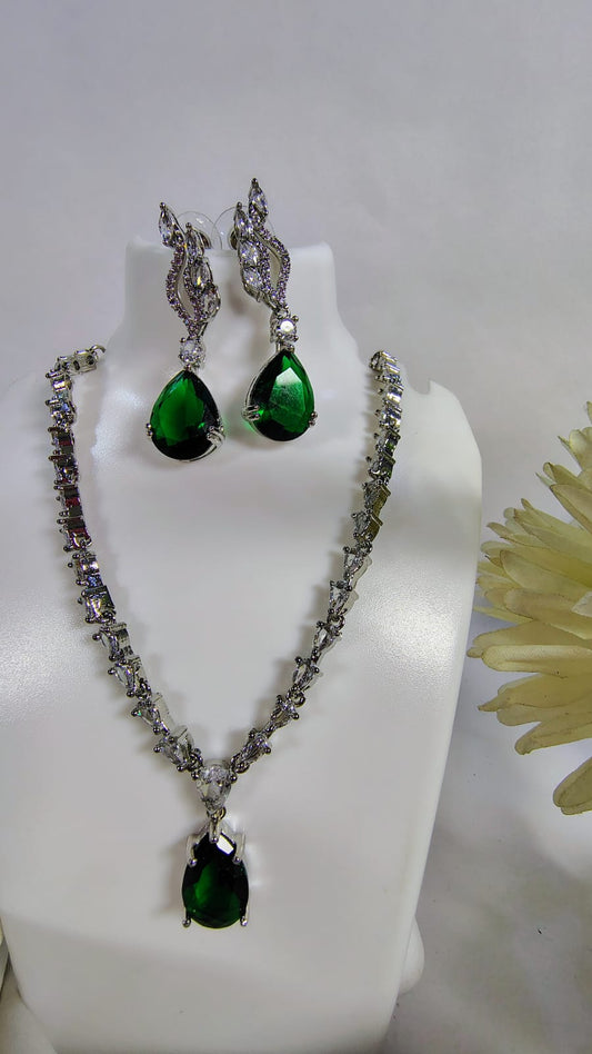 Wincham Fashion House American diamond jewelry set with green stone necklace and matching earrings