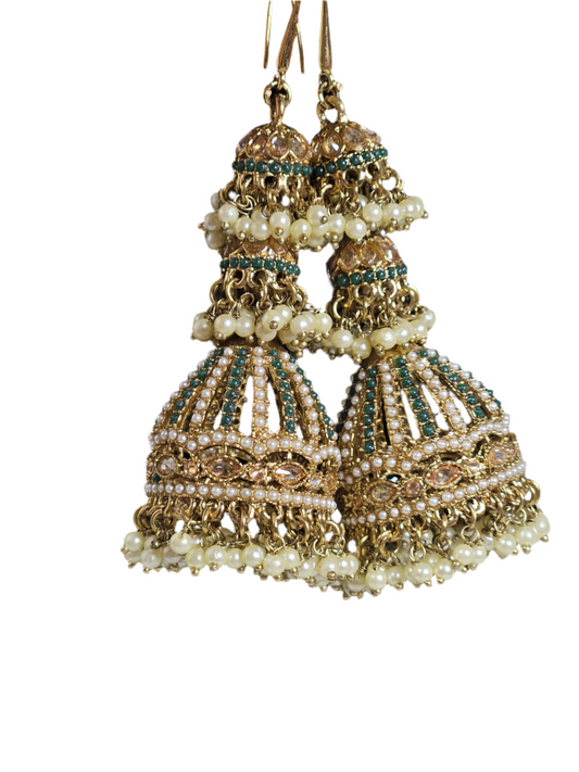 Elegant American diamond jhumka earrings with polki, featuring intricate detailing and pearl accents