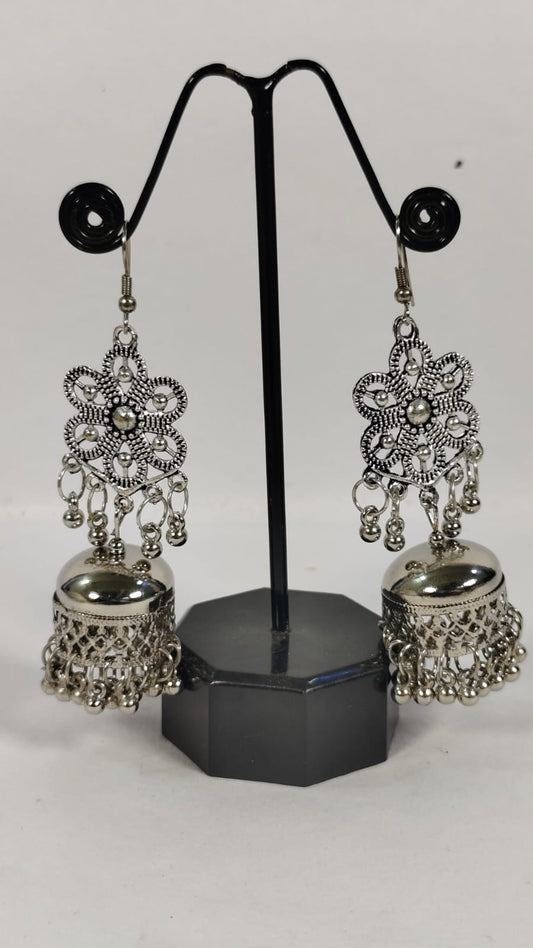 Artificial hanging hoop earrings with intricate floral design and dangling beads